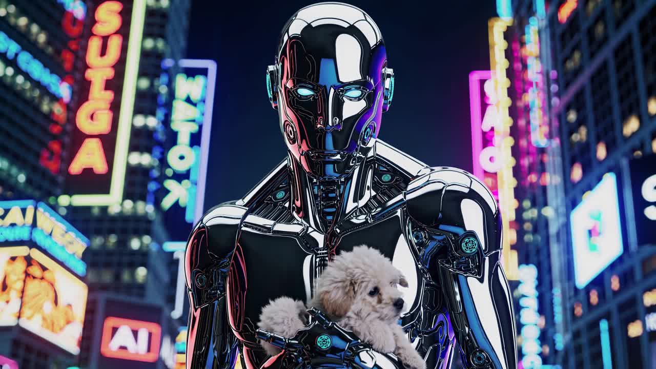Metallic Robot with Puppy in a Neon City
