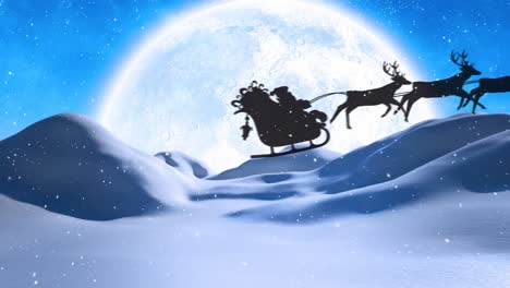Silhouette-of-santa-claus-in-sleigh-being-pulled-by-reindeers-over-snow-falling-on-winter-landscape
