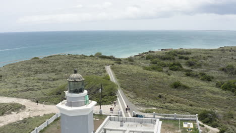 aerial flypast over the faro morrillos lighthouse in cabo rojo towards the caribbean ocean puerto rico