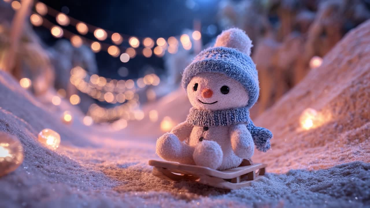 Charming Snowman on Sleigh in Enchanting Winter Wonderland, Surrounded by Twinkling Lights and Snowy Landscape Creating a Magical Holiday Atmosphere