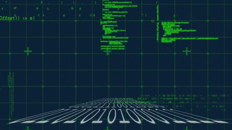 Digital animation of microprocessor connections over data processing on blue background