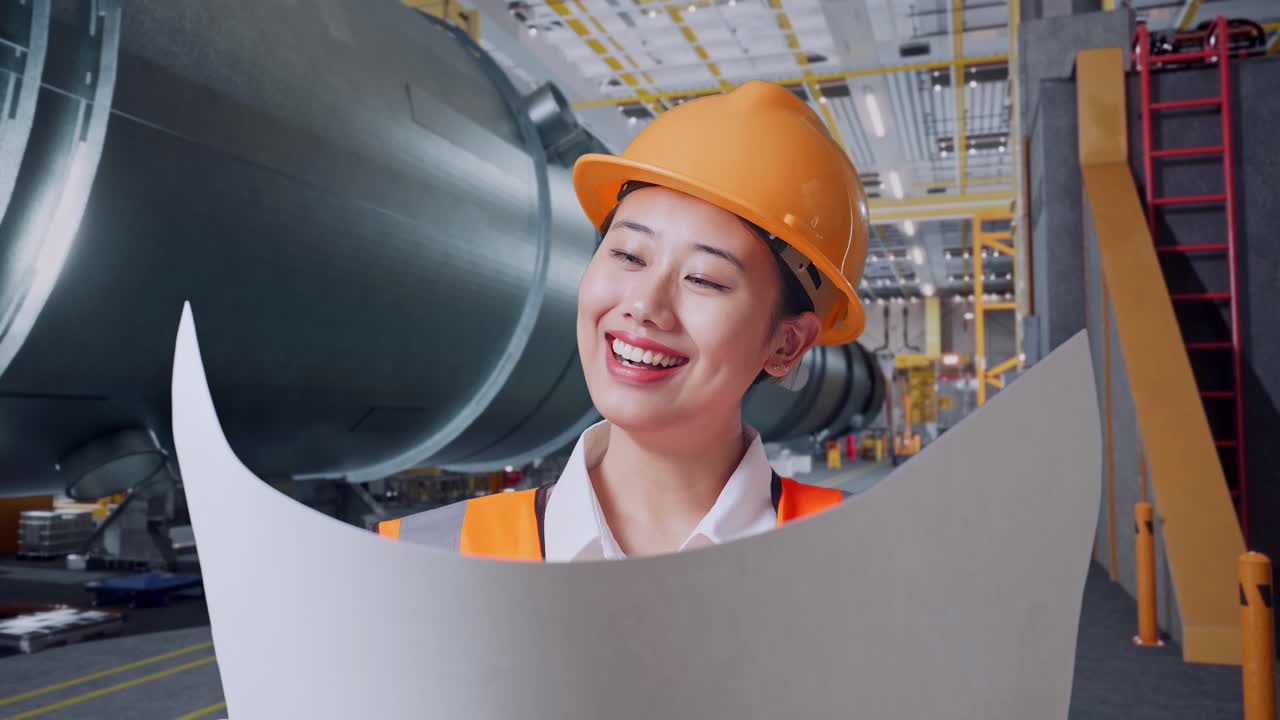 안전 헬을 입은 아시아 여성 엔지니어가 파이프 제조 공장에서 서서 손에 블루프린트를 보고 있습니다.