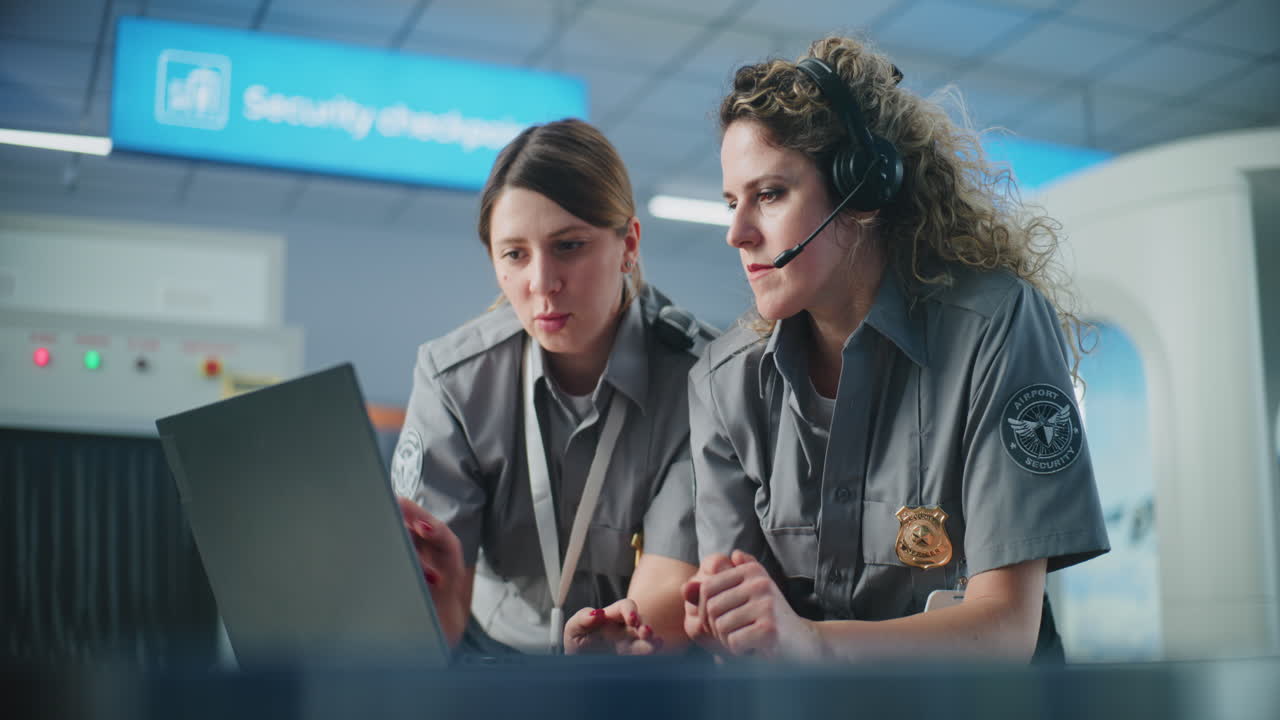 Airport Security Officers Working on Laptops