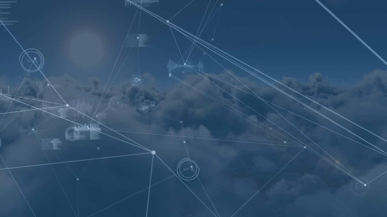 animación de la red de conexiones con el registro de estadísticas sobre nubes en el fondo