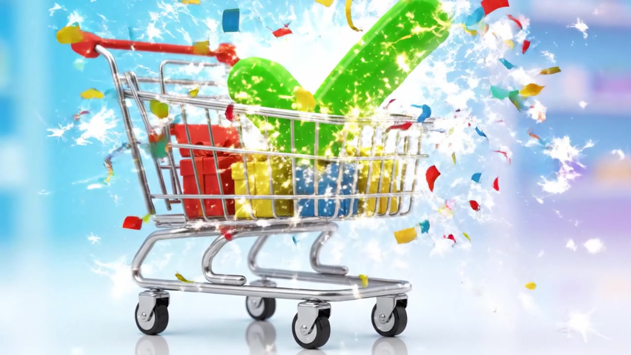 En levende indkøbskurv fyldt med farverige beholdere og et grønt flueben, der symboliserer fuldførelse, hvilket viser glæden og tilfredsheden ved shopping.