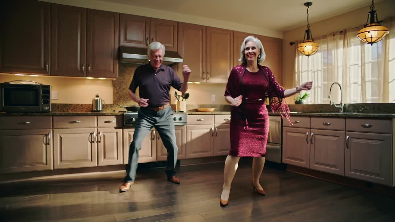 Coppia anziana che balla e prova i passi in cucina, la donna in vestito bordeaux, l'uomo in polo, con i fornelli sullo sfondo