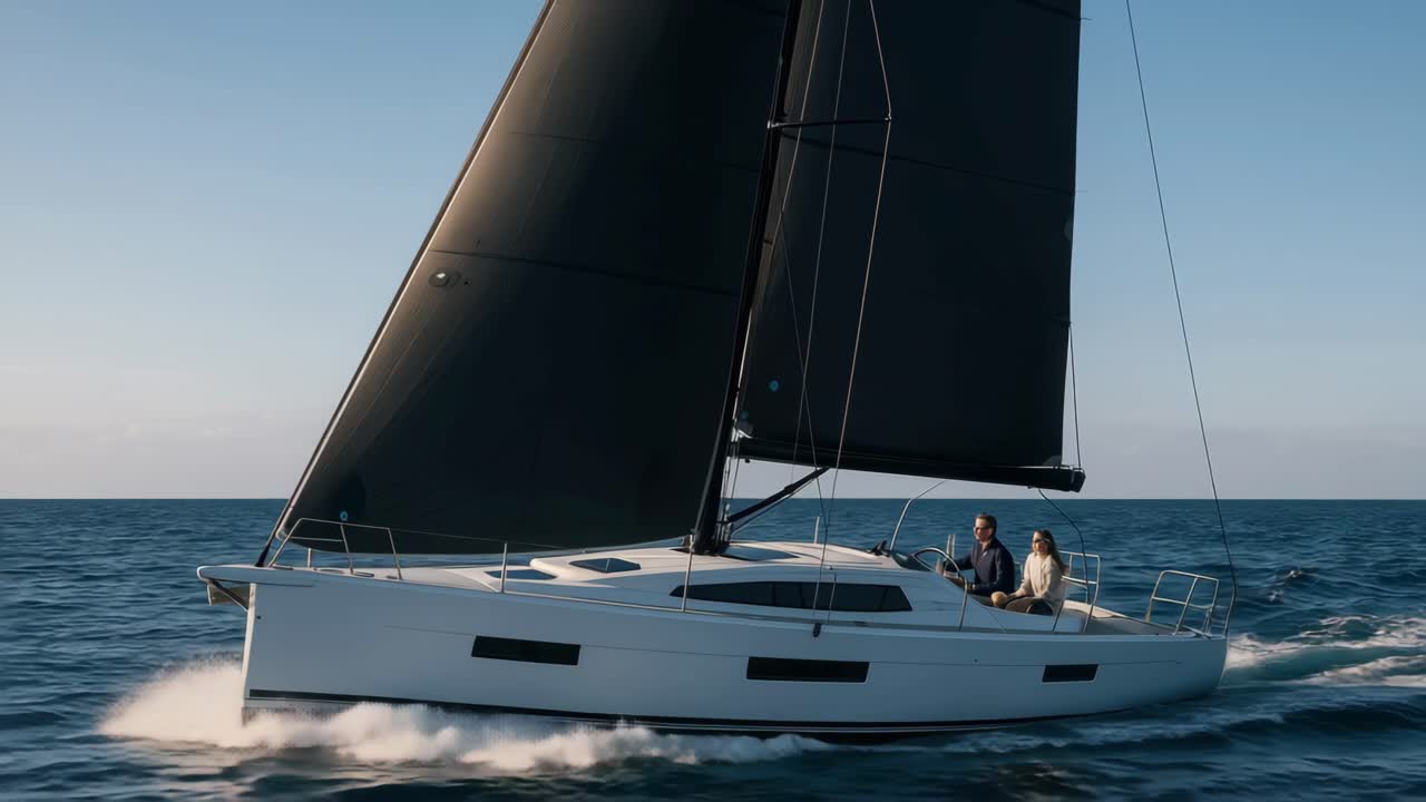 Dynamic video still of a sleek sailboat gliding through the ocean, captured from a low side angle