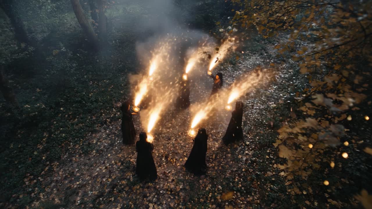 A Mysterious Gathering in the Forest: Enigmatic Figures Hold Fiery Orbs Amidst an Atmosphere of Enchantment and Intrigue as Darkness Falls