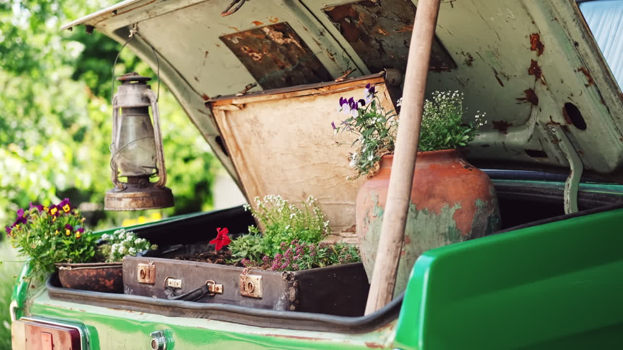 An vintage green car's trunk decorated with flowers