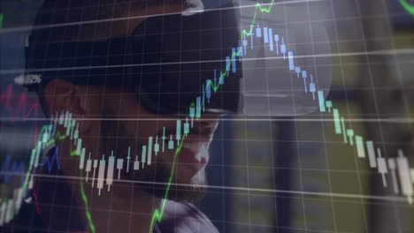 animación del procesamiento de datos financieros sobre un hombre de negocios con auriculares vr