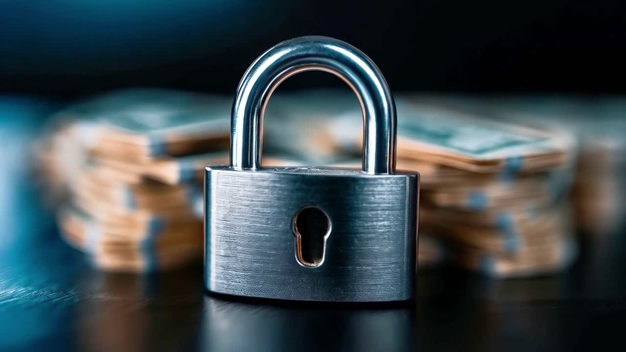 Padlock on stack of money representing financial security