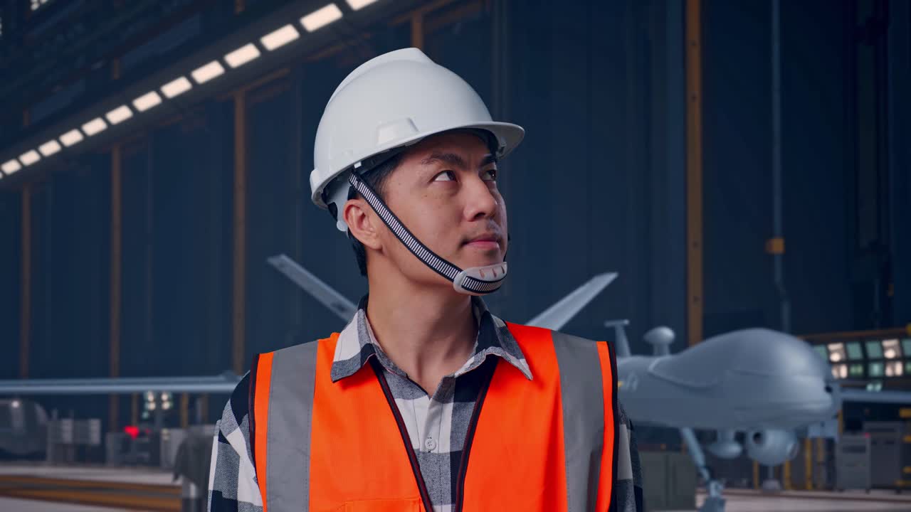 Primer plano de un ingeniero asiático con casco de seguridad, mirando a su alrededor mientras está de pie, con un dron militar moderno en un hangar de mantenimiento con iluminación industrial.
