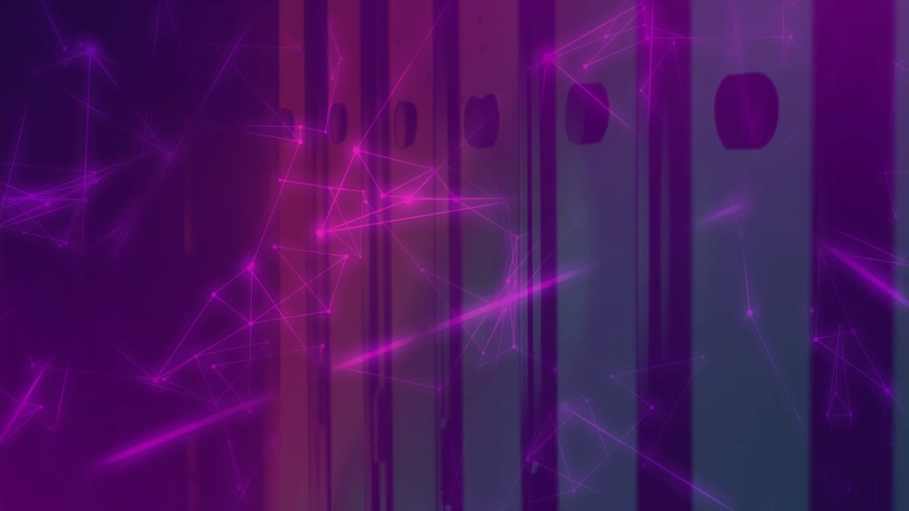 Purple backdrop starting magenta nodes shifting connecting as stripes drifting showing network