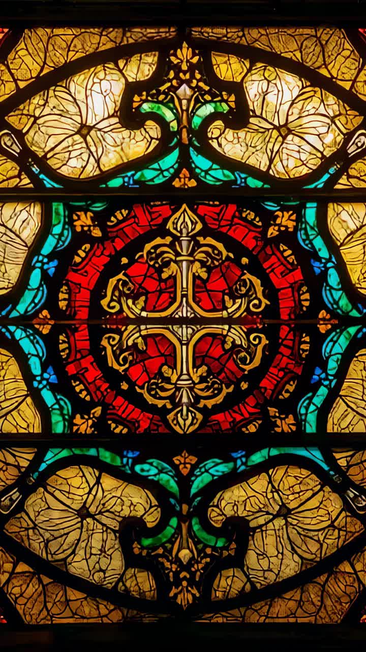 Vertical video: Starting scan, operator moving camera down chapel stained glass, showing gold cross