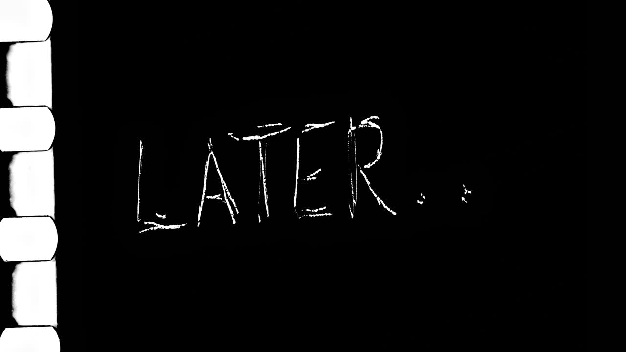 Scratch animation of the word "Later..." including sprockets using actual 35mm film