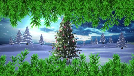 animation of fir branches over christmas tree in winter landscape