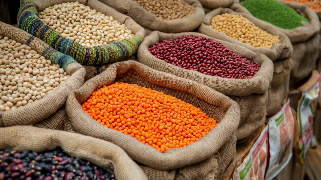 Various legumes like lentils, chickpeas, beans and peas are displayed in jute sacks at a market stall, offering a colorful and diverse selection of healthy and nutritious food