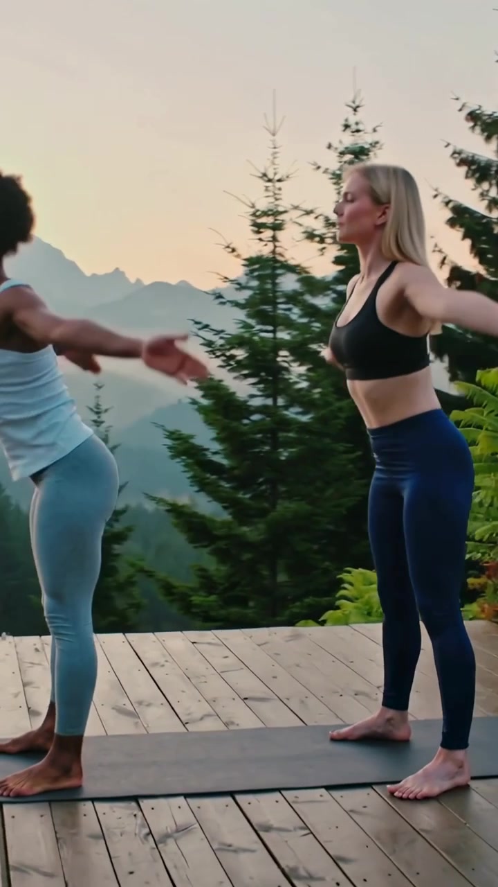 Video verticale: Due donne in leggings che si alzano, quella a sinistra che guida da uno squat su una piattaforma con un tappetino nero, con orologio.