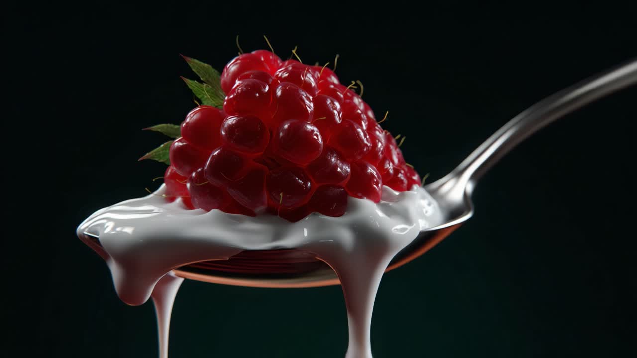 A Captivating Close-Up of Fresh Raspberries on a Spoon Drizzled with Cream, Showcasing the Vibrant Colors and Textures in Stunning Detail