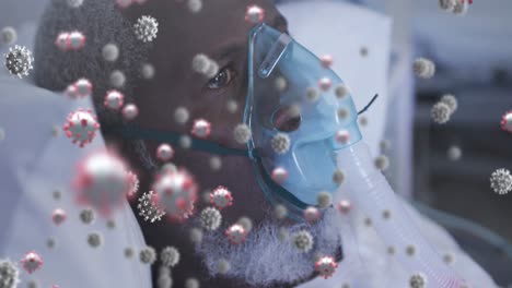 animation of covid 19 cells floating over senior man with oxygen mask