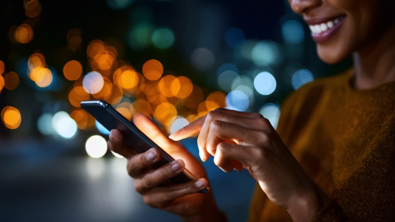 A person engaging with a smartphone at night, illuminated by a warm glow, surrounded by blurred city lights, capturing a moment of joy and connection
