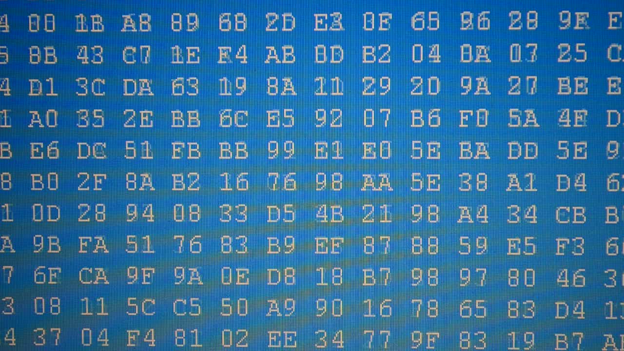 Code on a blue background. Shooting of a binary code. Hexadecimal program code on screen. Animated background of moving binary code numbers