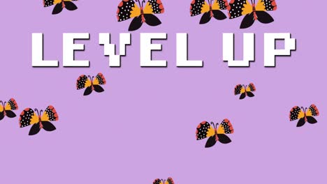 Animation-of-level-up-on-pink-background-with-butterflies