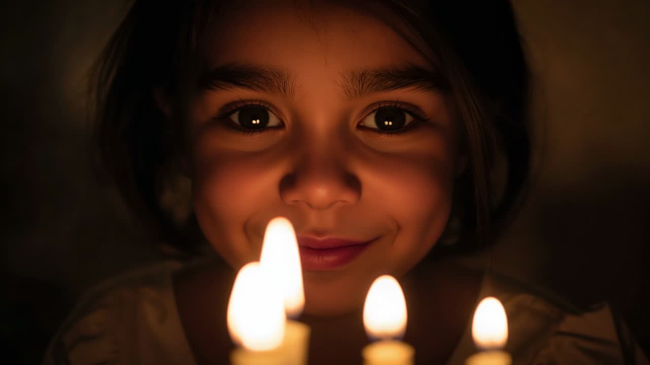 Leaning female child watching candle flames in dimly lit room, smiling softly at candles