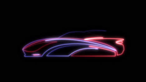 neon outline futuristic car with light trails on black background