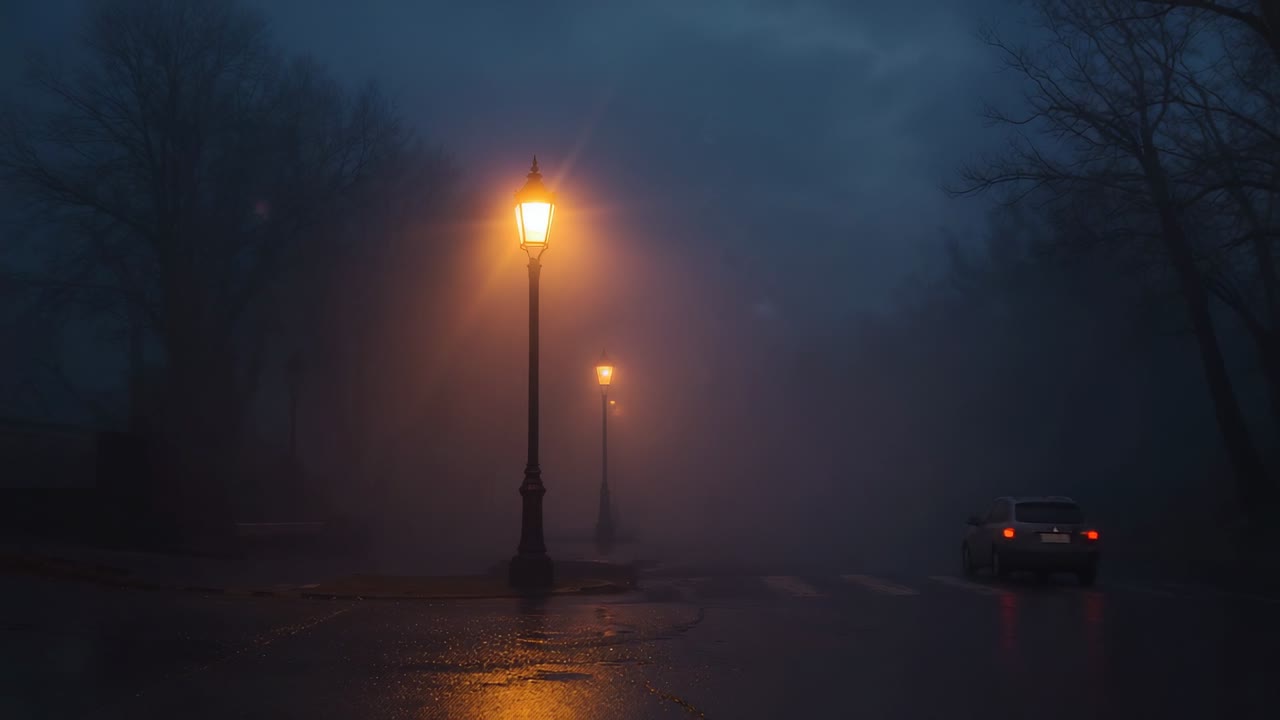 Emerging headlights signaling white car navigating foggy lane between two vintage street lamps
