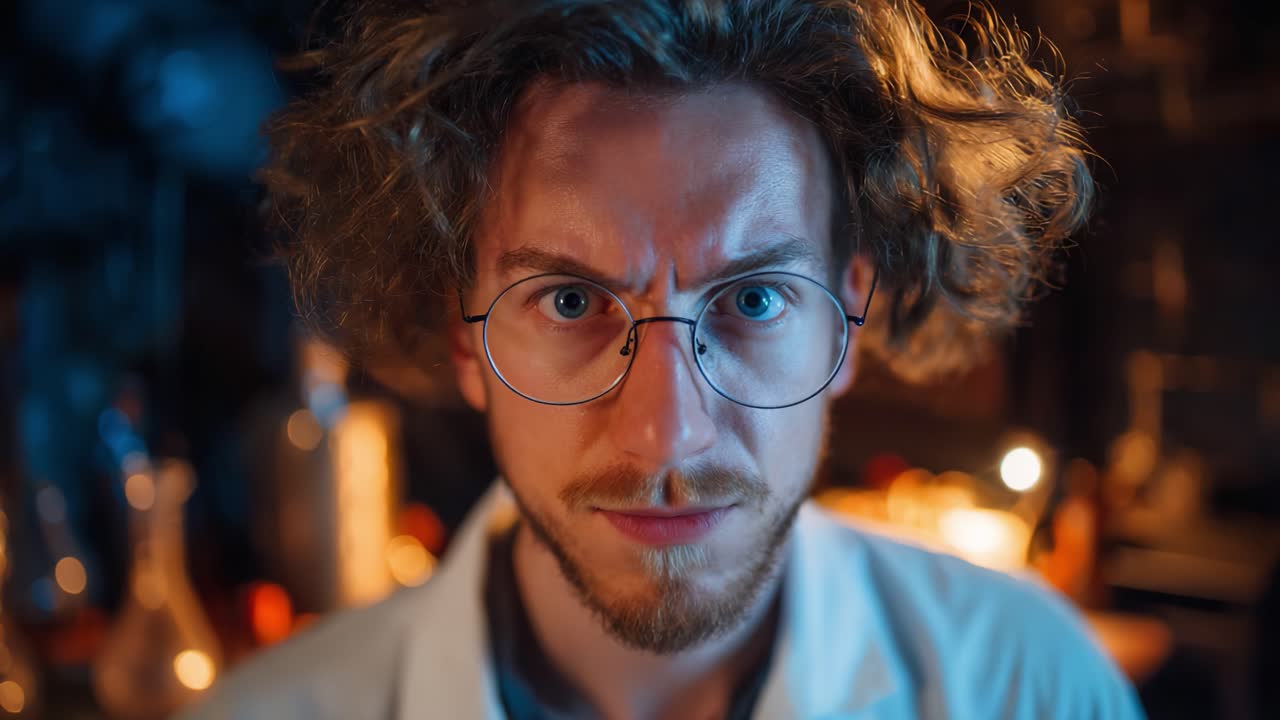 Focused Scientist Examining Experiment with Intense Expression and Distinctive Features in a Dark Laboratory Setting Surrounded by Scientific Equipment
