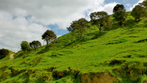 Toma-Panorámica-Del-Idílico-Paisaje-De-Montañas-Verdes-Con-árboles-En-Crecimiento-Contra-El-Cielo-Nublado-Cerca-De-Las-Cataratas-Magatiti-En-Nueva-Zelanda