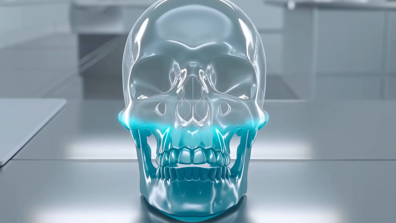 A transparent glass skull is centered on a glossy reflective surface inside a minimal futuristic interior, lit by soft teal illumination at the base and cool
