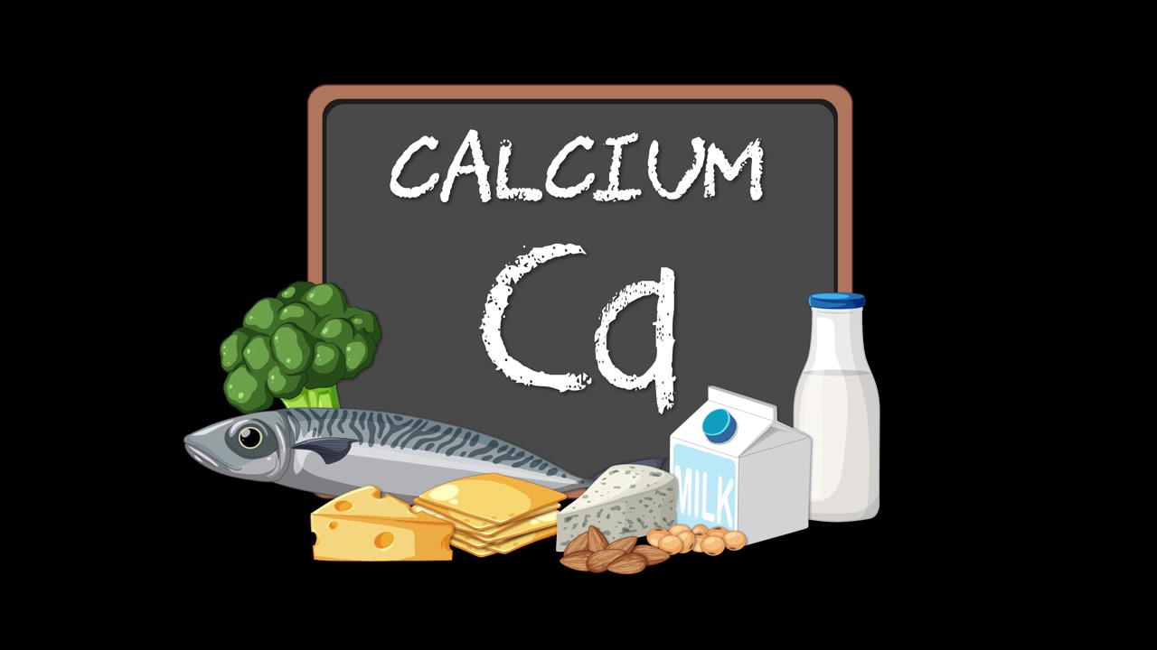 Un tableau noir révèle le symbole du calcium, entouré de poisson, de fromage, de brocoli, de lait, de noix, sur un arrière-plan noir