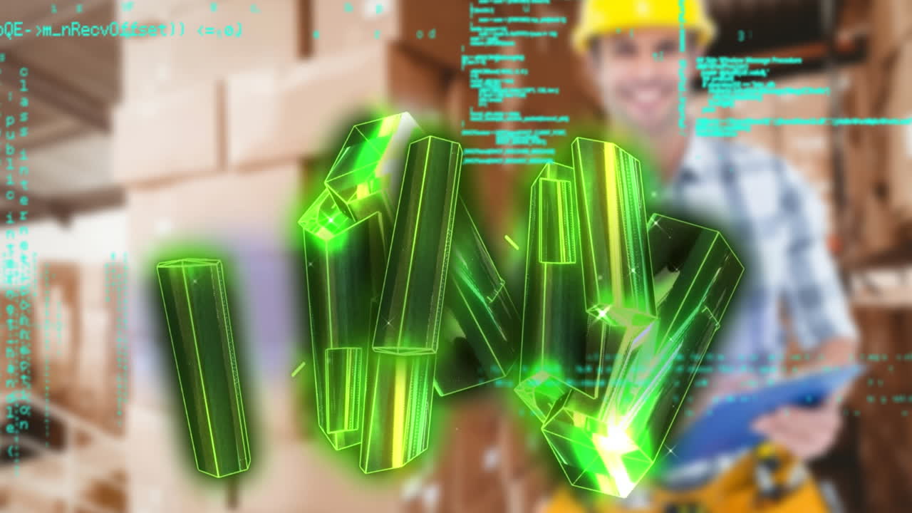 Animation of data processing and crystals over caucasian male worker in warehouse