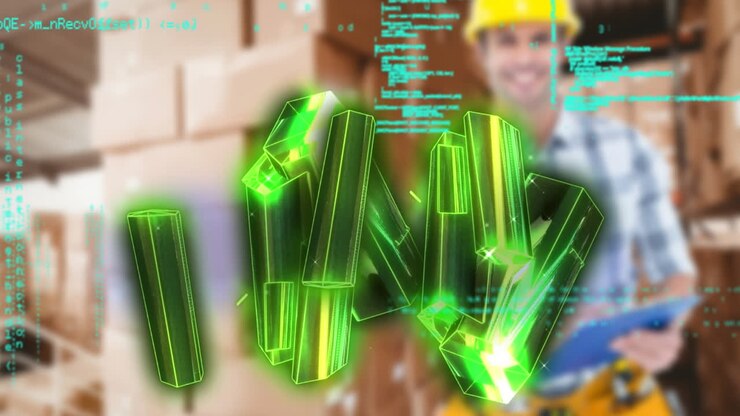 Animation of data processing and crystals over caucasian male worker in warehouse
