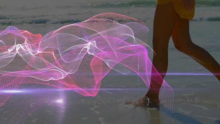 Animation of blue light trails over red and blue red shapes on red background