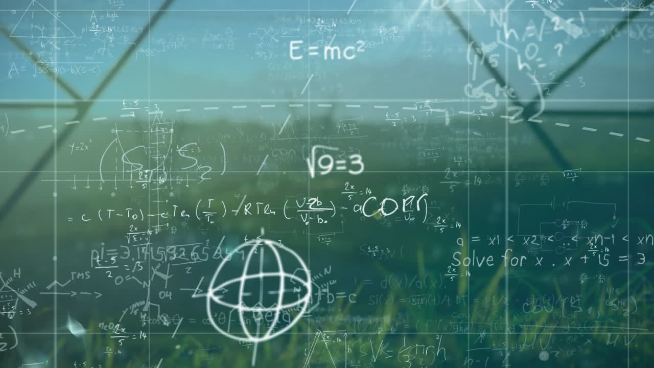 Mathematical equations and formulas animation over green field background