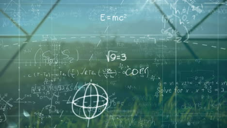 mathematical equations and formulas animation over green field background