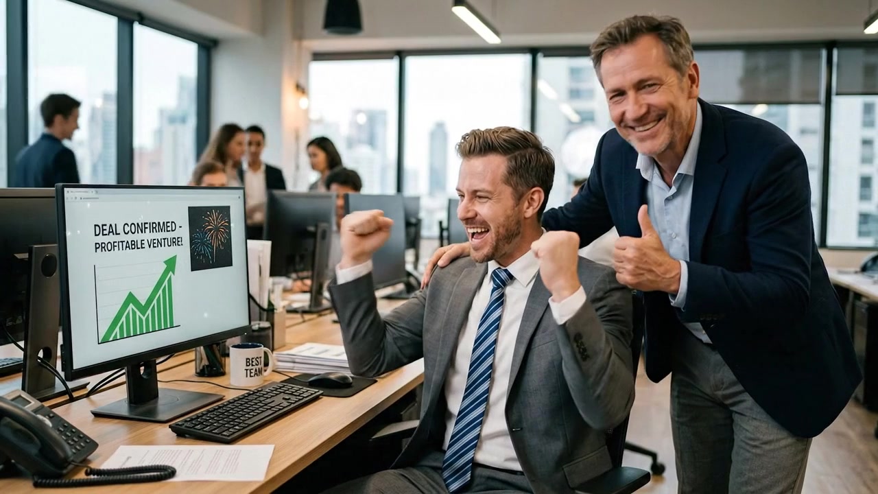 Colegas de negocios celebrando el éxito en una oficina moderna