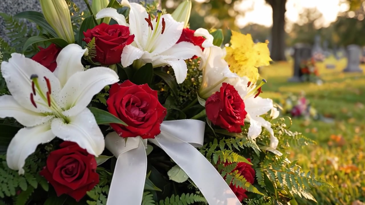Un Omaggio Sentito: Splendida Composizione Floreale che Adorna una Tomba con Rose Rosse e Gigli Bianchi, Catturando un Momento di Ricordo in un'Ambientazione di Cimitero Serena