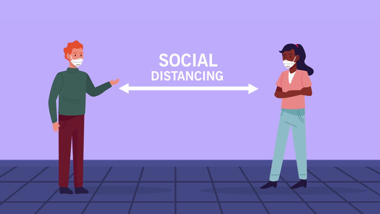 interracial couple wearing medical masks with social distance