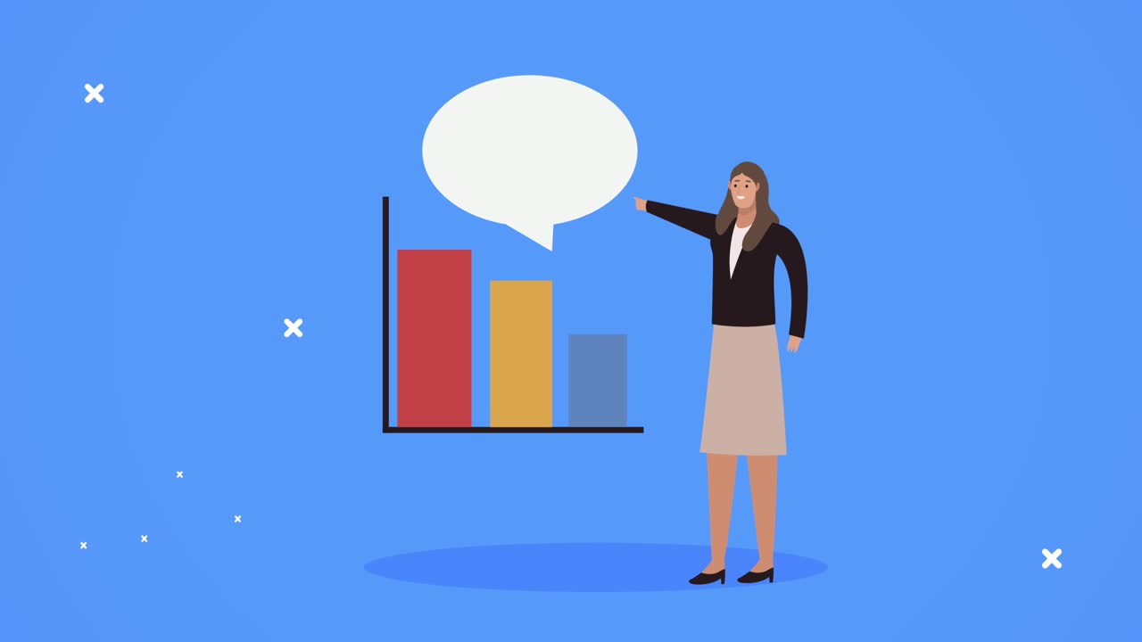 young woman with statistics bars and speech bubble