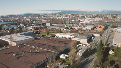 Aerial-flying-over-an-industrial-area-in-Vancouver,-British-Columbia