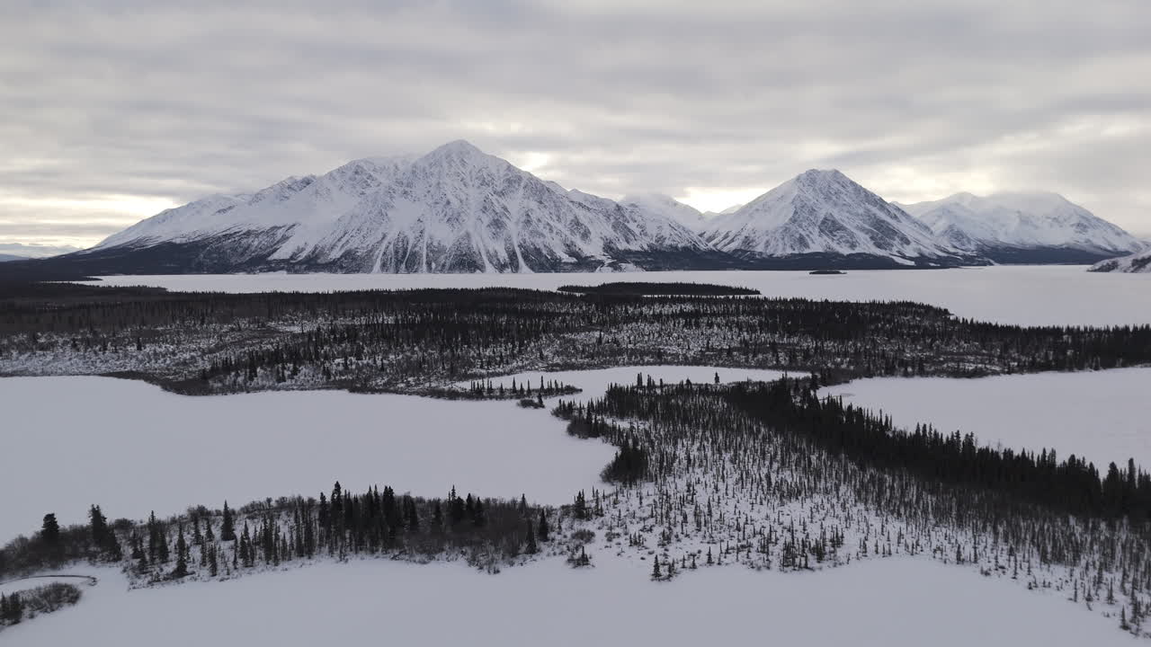 Atmospheric Landscape Of Kathleen Lake Within Kluane National Park and Reserve In Yukon, Canada. Aerial Wide Shot