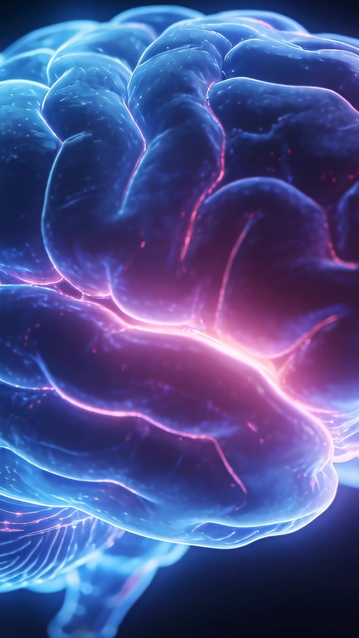 Vertical video: Cam starting close, 3D brain turning out in void, pulsing paths showing base