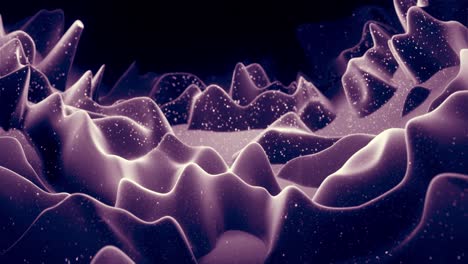 Abstract waves of soft black matte material with light inner glow and glitters on morphing surface. Abstract geometric surface like landscape or terrain, extrude or displace 3d noise. Loop 4k
