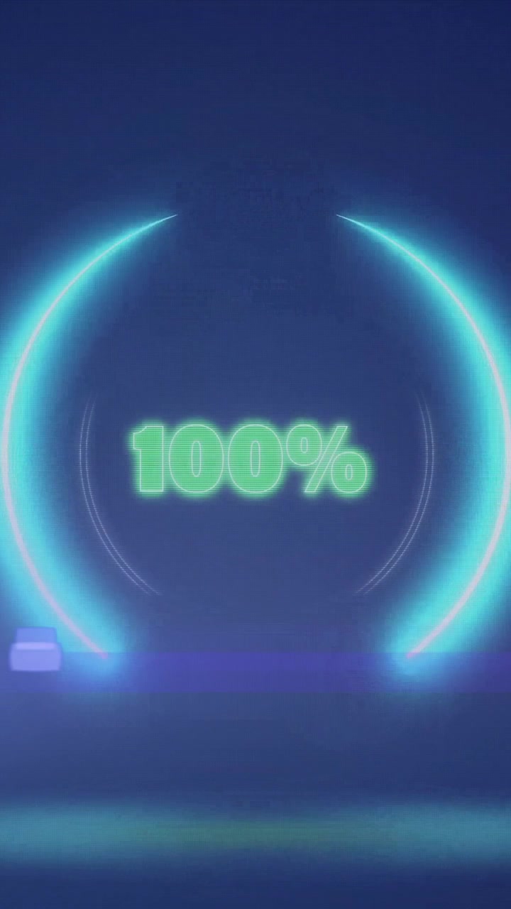 Animazione di cerchi al neon con 100 percento su sfondo blu