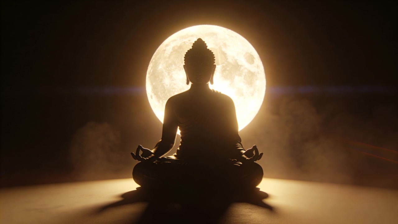Luna piena che si allinea creando un alone dietro un Buddha seduto in vesti su una piattaforma, con nebbia che si dirada.
