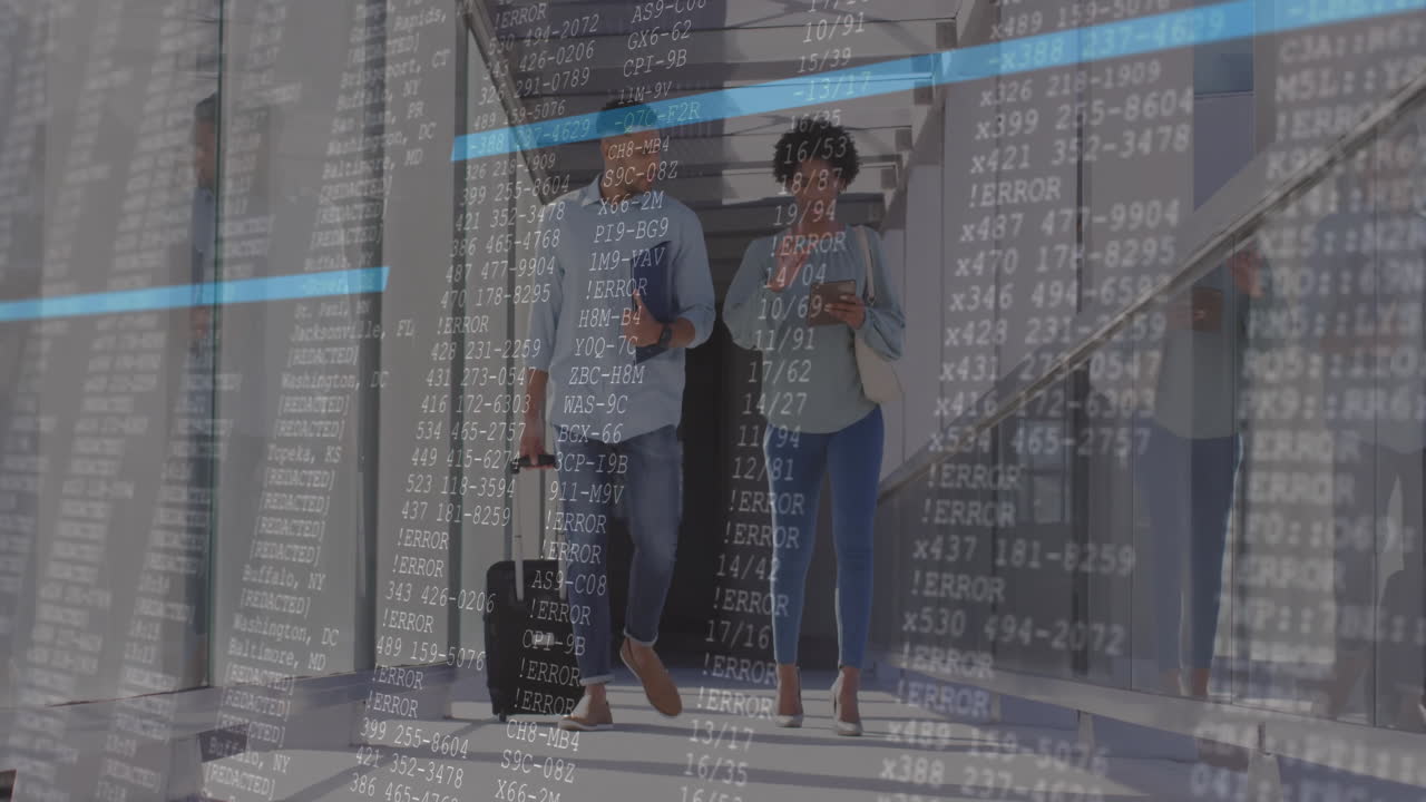 caminando en la oficina, gente de negocios analizando procesamiento de datos animación en la pantalla